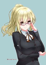 Rule 34 | 10s, alternate costume, alternate hairstyle, atago (kancolle), bespectacled, blonde hair, breasts, formal, glasses, jacket, kantai collection, large breasts, long hair, looking at viewer, mikage takashi, one-hour drawing challenge, ponytail, solo, suit, suit jacket, twitter username