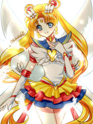 Rule 34 | 1girl, bishoujo senshi sailor moon, bishoujo senshi sailor moon sailor stars, bishoujo senshi sailor moon stars, blonde hair, blue eyes, blue sailor collar, brooch, crescent, crescent facial mark, double bun, earrings, elbow gloves, eternal sailor moon, facial mark, female focus, forehead mark, gloves, hair bun, hair ornament, hairpin, heart, heart brooch, jewelry, layered skirt, long hair, magical girl, no nose, sailor collar, sailor moon, shirataki kaiseki, signature, skirt, smile, solo, tsukino usagi, twintails, white background, white gloves, white wings, wing brooch, wings