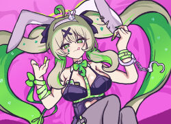 Rule 34 | 1girl, ahoge, animal ears, blonde hair, blue archive, breasts, colored inner hair, cuffs, green eyes, green hair, handcuffs, highres, large breasts, leotard, long hair, multicolored hair, nail polish, nonomi (blue archive), panatisia, parody, playboy bunny, rabbit ears, rabbit hole (vocaloid), tongue, tongue out, twintails, very long hair