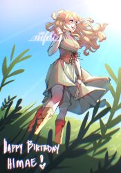 Rule 34 | 1girl, artist name, boots, borrowed character, bracelet, braid, breasts, brown footwear, brown hair, commentary, crown braid, dress, english commentary, floating hair, grass, green dress, green eyes, green ribbon, hair ribbon, happy birthday, heart, highres, jewelry, lady nefeli, long hair, long sleeves, looking up, medium breasts, open mouth, original, ribbon, shirt, sky, sleeves past wrists, smile, solo, underbust, white shirt