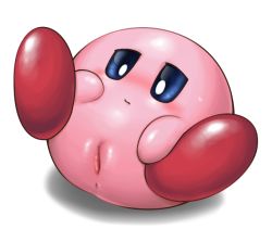 Rule 34 | 1girl, anus, blue eyes, blush, censored, clitoris, colored skin, feet, female focus, frown, hand on own face, jitome, kirby, kirby (series), kurobedamu, legs up, looking down, lying, mons pubis, mosaic censoring, nintendo, no humans, on back, pink skin, pointless censoring, pussy, simple background, solo, sweat, sweatdrop, white background