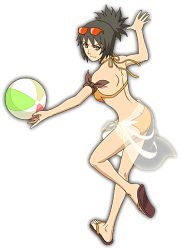 Rule 34 | 1girl, artist request, ass, bad link, ball, bare legs, bare shoulders, beachball, bikini, brown eyes, butt crack, female focus, from behind, grey hair, looking at viewer, mitarashi anko, naruto (series), naruto shippuuden, official art, orange bikini, sandals, see-through, see-through skirt, simple background, skirt, smile, sunglasses, sunglasses on head, swimsuit, transparent background