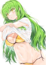 Rule 34 | 1girl, :o, absurdres, bikini, breasts, c.c., code geass, green hair, highres, kou mashiro, large breasts, long hair, navel, shirt, short sleeves, simple background, solo, stomach, swimsuit, t-shirt, white background, white shirt, yellow bikini, yellow eyes
