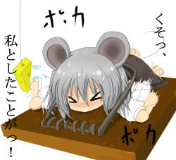 Rule 34 | &gt; &lt;, 1girl, animal ears, blush, cheese, closed eyes, female focus, flail, flailing, food, greatmosu, grey hair, lying, mouse ears, mouse tail, mousetrap, nazrin, on stomach, shirt, skirt, solo, sweat, tail, touhou, translation request, weapon