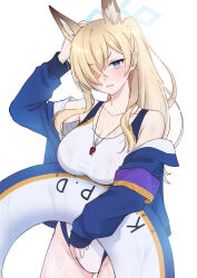 1girl animal_ears blonde_hair blue_archive blue_eyes blue_jacket breasts collarbone competition_swimsuit cowboy_shot dog_ears groin hair_over_one_eye highres jacket kanna_(blue_archive) kanna_(swimsuit)_(blue_archive) large_breasts lifebuoy long_hair long_sleeves looking_at_viewer official_alternate_costume one-piece_swimsuit open_clothes open_jacket open_mouth ponytail sayosayo-0 simple_background solo swim_ring swimsuit whistle whistle_around_neck white_background white_one-piece_swimsuit