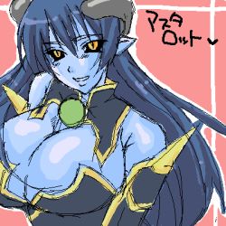 Rule 34 | 1girl, astaroth (shinrabanshou), black sclera, blue skin, breasts, colored sclera, colored skin, demon girl, horns, huge breasts, large breasts, looking at viewer, lowres, oekaki, pointy ears, shinrabanshou, simple background, slit pupils, solo, tail, wings