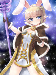 Rule 34 | 1girl, absurdres, animal ears, blonde hair, blue eyes, blunt bangs, blush, bob cut, breasts, brown cape, brown dress, brown gloves, cape, cleavage, closed mouth, commentary request, cowboy shot, dress, fake animal ears, fur-trimmed cape, fur-trimmed gloves, fur trim, gloves, gold trim, hairband, high wizard (ragnarok online), highres, holding, holding staff, layered dress, looking to the side, medium breasts, midorinor, pointy ears, rabbit ears, ragnarok online, short dress, short hair, smile, solo, staff, strapless, strapless dress, two-tone dress, white dress, white hairband