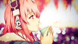 Rule 34 | 1girl, artist request, blurry, blush, bokeh, cup, depth of field, eyebrows, from side, fur trim, headphones, holding, holding cup, hood, hood down, hooded jacket, jacket, long hair, nitroplus, parted lips, pink eyes, pink hair, profile, purple eyes, solo, source request, super sonico, third-party edit