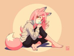 Rule 34 | 1girl, absurdres, animal ears, animal nose, artist name, bad id, bad pixiv id, barefoot, black pants, body fur, brand new animal, feet, fox, fox ears, fox girl, fox tail, full body, furry, furry female, hand on own knee, highres, hiwatashi nazuna, huge filesize, long hair, looking at viewer, michirutnk, multicolored fur, on ground, orange background, pants, pink fur, pink hair, red eyes, shadow, snout, solo, sweater, tail, two-tone background, v, white fur, yellow background