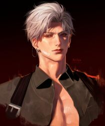 1boy bandaid bandaid_on_face belt black_shirt character_name collared_shirt earrings grey_hair highres jewelry lips looking_at_viewer love_and_deepspace male_focus red_background red_eyes sesamefruit shirt short_hair solo sylus_(love_and_deepspace) upper_body