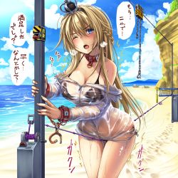 Rule 34 | 1girl, bdsm, beach, bikini, black bikini, blonde hair, blue eyes, blue sky, blush, bondage, bound, bound wrists, braid, breasts, collar, crown, cuffs, day, dress, female orgasm, french braid, hair between eyes, handcuffs, highres, jewelry, kantai collection, long hair, long sleeves, looking at viewer, mini crown, monikano, necklace, ocean, off-shoulder dress, off shoulder, one eye closed, open mouth, orgasm, pussy juice, sand, see-through, side-tie bikini bottom, sky, slave, solo, swimsuit, tearing up, text focus, thighs, translation request, trembling, warspite (kancolle), wet, wet clothes