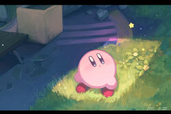 Rule 34 | :o, black border, blue eyes, border, colored skin, commentary request, dated, flower, glass shards, highres, house, kananishi, kirby, kirby (series), leaf, letterboxed, light blush, looking at object, looking up, nintendo, no humans, open mouth, outdoors, pink skin, plant, red footwear, shoes, solo, star (symbol), sunlight, table, white flower