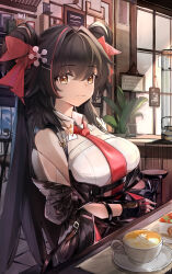 Rule 34 | 1girl, absurdres, black gloves, breasts, brown hair, coffee, commentary request, double bun, fingerless gloves, girls&#039; frontline, girls&#039; frontline neural cloud, gloves, hair between eyes, hair bun, hair ornament, hair ribbon, highres, indoors, jacket, jiangyu (neural cloud), jing th, large breasts, light smile, long hair, looking at viewer, necktie, red necktie, ribbon, shirt, solo, type 97 (girls&#039; frontline), upper body, very long hair, weibo watermark, white shirt