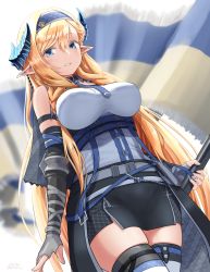 Rule 34 | 1girl, arknights, bare shoulders, belt, black skirt, blonde hair, blue eyes, blue hairband, blue necktie, breasts, commentary request, cowboy shot, elbow gloves, fingerless gloves, flag, gloves, grin, hair between eyes, hairband, holding, holding flag, horns, large breasts, long hair, looking at viewer, miniskirt, necktie, parted lips, partial commentary, pencil skirt, pointy ears, saileach (arknights), shirt, skirt, smile, soba chatarou (tita), solo, standing, thighhighs, very long hair, white background, white shirt