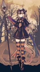 Rule 34 | 1girl, absurdly long hair, absurdres, adapted costume, albino (a1b1n0623), alternate color, bad id, bad pixiv id, banner, bare tree, bow, capelet, commentary, cross, cross print, expressionless, fate/grand order, fate (series), flag, forest, full body, hair bow, hair ornament, halloween, headpiece, highres, holding, holding weapon, jack-o&#039;-lantern, jeanne d&#039;arc (fate), jeanne d&#039;arc alter santa lily (fate), linea alba, long hair, looking at viewer, nature, nobori, outdoors, polearm, pumpkin, ribbon, solo, sparkle, spear, standing, star (symbol), star hair ornament, striped clothes, striped ribbon, striped thighhighs, thighhighs, torn clothes, tree, very long hair, weapon, wrist cuffs, yellow eyes