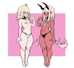 Rule 34 | 2girls, absurdres, bandaid, bandaids on nipples, barefoot, black sclera, blonde hair, breasts, chris (ginseng), collar, colored sclera, colored skin, dark-skinned female, dark skin, demon girl, fingernails, full body, ginseng (xin), hair over breasts, highres, horns, long fingernails, long hair, looking at viewer, mole, mole on breast, multiple girls, nail polish, navel, nude, original, outside border, panties, parted lips, pasties, pink hair, pointy ears, red eyes, red skin, sharp fingernails, sidelocks, simple background, small breasts, smile, standing, thighs, topless, underwear, underwear only, very long hair, white panties