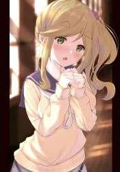 Rule 34 | 1girl, blonde hair, blurry, blurry background, blush, commentary, fang, file112056, green eyes, hair bobbles, hair ornament, highres, indoors, inuyama aoi, looking at viewer, own hands together, sailor collar, school uniform, side ponytail, skin fang, solo, thick eyebrows, yurucamp