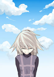 Rule 34 | 1girl, ^ ^, arms behind back, bad id, bad pixiv id, blonde hair, closed eyes, cloud, day, outdoors, short hair, sky, solo, standing, turtleneck, urotsuki, yume 2kki