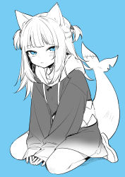 Rule 34 | 1girl, absurdres, aneco (westsea1227), animal ears, blue background, blue eyes, fins, fish tail, gawr gura, gradient clothes, greyscale, greyscale with colored background, highres, hololive, hololive english, hood, hood down, hoodie, long hair, looking at viewer, monochrome, shark tail, short twintails, simple background, sitting, sleeves past wrists, solo, spot color, stitches, tail, twintails, virtual youtuber, wariza