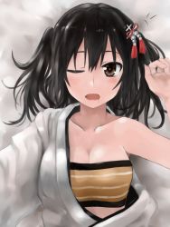 Rule 34 | 1girl, ;o, alternate costume, bad id, bad pixiv id, bandeau, black eyes, black hair, breasts, cleavage, close-up, collarbone, commentary request, cosplay, drooling, highres, kantai collection, looking at viewer, lying, miyako (miyako lplover), one eye closed, sendai (kancolle), shouhou (kancolle) (cosplay), shouhou (kancolle), solo, two side up, upper body, waking up