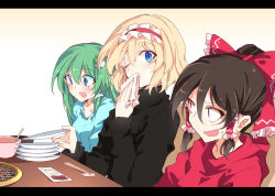 Rule 34 | 3girls, alice margatroid, alternate costume, arm up, bench, black sweater, blonde hair, blue eyes, blue sweater, bow, bowl, brown hair, casual, chopstick rest, chopsticks, commentary request, frog hair ornament, gradient background, green hair, grill, hair between eyes, hair bow, hair ornament, hair tubes, hairband, hakurei reimu, holding, holding plate, hood, hood down, hoodie, ichimura kanata, kochiya sanae, letterboxed, lolita hairband, long hair, long sleeves, looking at viewer, looking down, multiple girls, napkin, one eye closed, open mouth, orange background, plate, plate stack, ponytail, red hoodie, restaurant, sauce, short hair, sidelocks, sitting, snake hair ornament, spoon, sweater, table, touhou, wiping mouth, | |