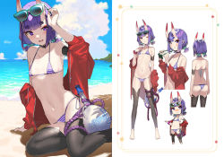 Rule 34 | 1girl, arm up, armband, ass, beach, bikini, black thighhighs, breasts, choker, day, eyeliner, eyewear on head, fang, fate/grand order, fate (series), hair bobbles, hair ornament, halterneck, hikimayu, horizon, horns, jacket, kanzarin, low twintails, makeup, multiple views, navel, off shoulder, open clothes, open jacket, open mouth, outdoors, petite, pointy ears, purple eyes, purple hair, scrunchie, short twintails, shuten douji (fate), side-tie bikini bottom, sitting, skin-covered horns, skin fang, small breasts, string bikini, striped bikini, striped clothes, sunglasses, swimsuit, thighhighs, toeless legwear, twintails, wet, wrist scrunchie