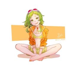 Rule 34 | 1girl, bare legs, barefoot, between legs, brooch, carrot, commentary, full body, goggles, goggles on head, green eyes, green hair, green shorts, green tube top, gumi, hand between legs, head tilt, indian style, jacket, jewelry, light blush, medium hair, gumi (v3 megpoid), mi no take, midriff, navel, open mouth, orange jacket, red goggles, shorts, simple background, sitting, smile, solo, strapless, tube top, twitter username, vocaloid, white background
