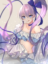 Rule 34 | 1girl, bare shoulders, bikini, blue eyes, blue ribbon, blush, breasts, choker, closed mouth, collarbone, earrings, fate/grand order, fate (series), frilled bikini, frills, hair between eyes, hair ribbon, jewelry, kiwi (pixiv6429539), licking lips, long hair, looking at viewer, meltryllis, meltryllis (fate), meltryllis (swimsuit lancer) (fate), meltryllis (swimsuit lancer) (third ascension) (fate), pantyhose, puffy sleeves, purple hair, ribbon, side ponytail, sleeves past fingers, sleeves past wrists, small breasts, smile, solo, swimsuit, thighs, tongue, tongue out, very long hair, white pantyhose