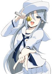 Rule 34 | 10s, 1girl, blouse, blue eyes, blue neckerchief, commentary, dixie cup hat, eroki (k-ya), flint (girls und panzer), foreshortening, fox shadow puppet, girls und panzer, grey hair, hair between eyes, hat, highres, holding, holding microphone, long hair, long sleeves, looking at viewer, microphone, military hat, music, \\n/, neckerchief, ooarai naval school uniform, open mouth, pinky out, pleated skirt, reaching, reaching towards viewer, sailor, sailor collar, school uniform, shirt, simple background, singing, sketch, skirt, smile, solo, standing, upper body, white background, white hair, white shirt, white skirt