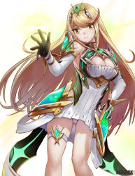Rule 34 | 1girl, absurdres, armor, artist request, bardosui, bare shoulders, blonde hair, breasts, cleavage, cleavage cutout, clothing cutout, dress, fingerless gloves, gloves, gluteal fold, highres, large breasts, long hair, looking at viewer, mythra (xenoblade), nintendo, smile, solo, white background, xenoblade chronicles (series), xenoblade chronicles 2, xenoblade chronicles (series), xenoblade chronicles 2, yellow eyes