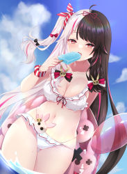 Rule 34 | 1girl, absurdres, bikini, black bow, black hair, blue sky, bow, breasts, cleavage, day, food, frilled bikini, frills, gluteal fold, hair bow, hair ornament, highres, holding, holding food, innertube, long hair, looking at viewer, medium breasts, men ta pasudai, multicolored hair, navel, nijisanji, ocean, outdoors, popsicle, rabbit hair ornament, red bow, red eyes, sky, solo, stomach, summer, swim ring, swimsuit, thigh gap, thighs, two-tone hair, very long hair, virtual youtuber, wading, white bikini, white bow, white hair, yorumi rena, yorumi rena (7th costume)