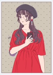 Rule 34 | 1girl, beret, black nails, blunt bangs, border, brown eyes, brown hair, cellphone, dress, earrings, hat, holding, holding phone, jewelry, long hair, looking away, mosuko, nail polish, original, parted lips, patterned background, phone, red dress, smartphone, solo, upper body