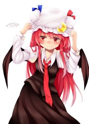Rule 34 | 1girl, artist name, black skirt, black wings, blue ribbon, blush, chikuwa savy, closed mouth, commentary request, crescent, crescent pin, demon wings, hands up, hat, hat ribbon, highres, koakuma, long hair, long sleeves, necktie, red eyes, red hair, red necktie, red ribbon, ribbon, simple background, skirt, skirt set, smile, solo, touhou, twitter username, white background, white hat, wing collar, wings