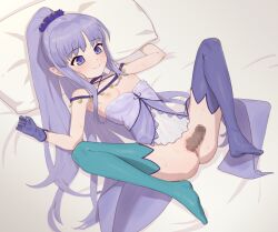 Rule 34 | 1girl, asymmetrical legwear, bare shoulders, blood, blush, breasts, censored, clothes down, defloration, disembodied penis, doka yuki (tsumorisugi), fate/grand order, fate (series), full body, gloves, hetero, long hair, lying, medea (lily) (fate), mismatched legwear, mosaic censoring, on back, parted lips, penis, pillow, ponytail, purple eyes, purple hair, sex, small breasts, smile, spread legs, sweat, thighhighs, vaginal, very long hair
