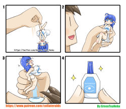 Rule 34 | 1boy, 1girl, 4koma, :3, :d, absurdres, ahoge, artist name, ass, bad id, bad pixiv id, bare arms, bare shoulders, barefoot, blue eyes, blue hair, blush, breasts, brown hair, closed mouth, comic, commentary request, covered erect nipples, covering privates, covering crotch, dress, eye drops, facial hair, fang, female ejaculation, greenteaneko, hair between eyes, highres, holding, large breasts, long hair, mini person, minigirl, open mouth, original, personification, pointy ears, silent comic, sleeveless, sleeveless dress, smile, sparkle, square 4koma, stubble, watermark, web address, white dress