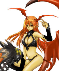 Rule 34 | 1girl, bare shoulders, bikini, breasts, cleavage, demon girl, elbow gloves, female focus, gloves, long hair, lord of vermilion, navel, orange hair, pointy ears, red eyes, simple background, single wing, solo, succubus (lord of vermilion), swimsuit, tail, white background, wings