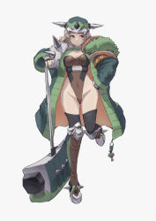 Rule 34 | 1girl, armor, black thighhighs, breasts, brown hair, closed mouth, coat, commentary request, covered navel, creatures (company), fingerless gloves, full body, fur, game freak, gen 4 pokemon, gloves, green coat, green sleeves, hammer, hand on own hip, hat, helmet, highleg, highleg leotard, highres, jojobirdz, legs apart, leotard, long sleeves, looking away, medium breasts, nintendo, personification, pokemon, red eyes, shoulder armor, simple background, solo, standing, standing on one leg, thighhighs, thighs, torterra, white background, wide sleeves, ||/