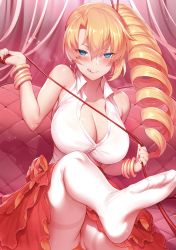 Rule 34 | 1girl, :q, bare shoulders, blonde hair, blue eyes, blush, breasts, buttons, cleavage, closed mouth, collarbone, collared shirt, doris (tanaka the wizard), drill hair, earrings, fingernails, frilled skirt, frills, hair between eyes, half-closed eyes, heart, heart earrings, highres, jewelry, large breasts, leg up, long fingernails, long hair, looking at viewer, m-da s-tarou, nail polish, naughty face, no bra, non-web source, panties, panties under pantyhose, pantyhose, red nails, red skirt, seductive smile, shirt, sidelocks, sitting, skirt, sleeveless, sleeveless shirt, smile, solo, sweat, tanaka the wizard, thighband pantyhose, tongue, tongue out, unbuttoned, unbuttoned shirt, underwear, white pantyhose, white shirt, wing collar