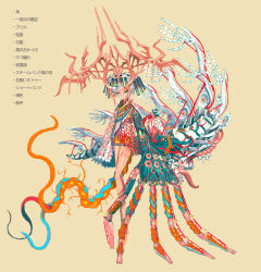 Rule 34 | 1girl, absurdres, aqua eyes, asgr, bare legs, braid, commentary request, full body, giant hand, highres, horns, looking at viewer, multicolored eyes, orange eyes, orange shorts, original, sepia background, shorts, simple background, skeletal hand, solo, tentacles, translation request, white hair
