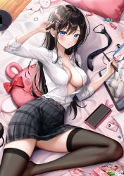 Rule 34 | 1girl, absurdres, arm up, bad id, bad twitter id, bed, black hair, black skirt, black thighhighs, blue eyes, breasts, cellphone, collared shirt, dress shirt, eichi (skskdi12z), hair ornament, hairclip, hand up, highres, large breasts, long hair, long sleeves, looking at viewer, lying, miniskirt, no bra, on back, on bed, original, partially unbuttoned, phone, pillow, plaid, plaid skirt, pleated skirt, shirt, shirt tucked in, sidelocks, skirt, smartphone, solo, sweat, thighhighs, thighs, white shirt