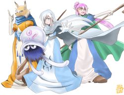Rule 34 | 1other, 3girls, :d, alef (shining force), anri (shining force), blue cape, blue eyes, blue robe, brown footwear, cape, creature, dated, domingo, elbow gloves, fox girl, furry, gloves, green cape, grey cape, highres, holding, holding staff, long hair, multiple girls, open mouth, pointy ears, purple hair, robe, sega, shining (series), shining force i, smile, staff, standing, tao (shining force), toki tencho, trait connection, white background, white gloves, white hair, yellow eyes