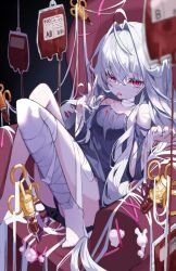 Rule 34 | 1girl, ahoge, bandages, blood, blood bag, blood on clothes, blush, couch, dress, grey dress, hair between eyes, long hair, looking at viewer, mocha kura, on couch, open mouth, original, panties, pantyshot, red eyes, solo, syringe, tongue, tongue out, underwear, white hair