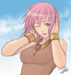 Rule 34 | 1990s (style), 1girl, blue eyes, breasts, female focus, final fantasy, final fantasy v, lenna charlotte tycoon, outdoors, pink hair, short hair, signature, sketch, sky, smile, solo, wink, yukihiro