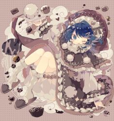 Rule 34 | 1girl, bloomers, blue eyes, blue hair, blush, brown capelet, capelet, chocolate, closed mouth, doremy sweet, dress, frilled sleeves, frills, hair ornament, hairclip, hat, highres, kneehighs, long sleeves, multicolored clothes, multicolored dress, nightcap, nikorashi-ka, one eye closed, polka dot, polka dot background, pom pom (clothes), red hat, short hair, slippers, smile, socks, solo, tail, tapir tail, tongue, tongue out, touhou, underwear, white bloomers, white socks
