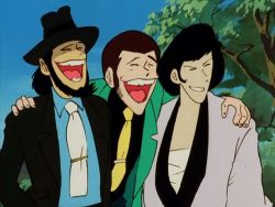Rule 34 | 1970s (style), 3boys, animated, animated gif, arsene lupin iii, beard, castle of cagliostro, facial hair, formal, friends, good end, green jacket, hat, ishikawa goemon xiii, jacket, japanese clothes, jigen daisuke, laughing, lowres, lupin iii, male focus, multiple boys, necktie, oldschool, open mouth, retro artstyle, sarashi, sideburns, spoilers, tree, yellow necktie
