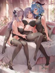 Rule 34 | 3girls, absurdres, ahoge, bare shoulders, bed, black bodysuit, black bra, black garter belt, black garter straps, black panties, black pantyhose, black thighhighs, blue eyes, blue hair, bodysuit, bra, breasts, choppy bangs, cleavage, closed mouth, commentary request, curtains, feet, fff threesome, fingering, fingering through clothes, flower, ganyu (genshin impact), garter belt, garter straps, genshin impact, goat horns, grey eyes, grey hair, group sex, hair ornament, haku89, highres, hip vent, horns, indoors, keqing (genshin impact), large breasts, legs, lily (flower), long hair, looking at viewer, medium breasts, medium hair, midriff, multiple girls, navel, no shoes, panties, pantyhose, pillow, plant, potted plant, purple eyes, purple hair, shenhe (genshin impact), sidelocks, stomach, thighhighs, threesome, through clothes, tile floor, tiles, toenails, toes, tongue, tongue out, underwear, wavy hair, white flower, white nails, window, yuri