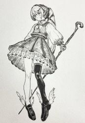 Rule 34 | 1girl, absurdres, blush, bow, bowtie, closed mouth, earrings, full body, greyscale, hair between eyes, hair ornament, hairclip, highres, holding, holding staff, jewelry, loafers, long hair, long sleeves, mashimashi, monochrome, original, pleated skirt, ponytail, shoes, single thighhigh, skindentation, skirt, solo, staff, thighhighs, traditional media, zettai ryouiki