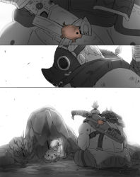 Rule 34 | 1boy, comic, fat, fat man, gas mask, grave, gun, highres, ladygt93, male focus, mask, overwatch, overwatch 1, pachimari, photo (object), picture frame, post-apocalypse, roadhog (overwatch), shotgun, silent comic, solo, spot color, topknot, weapon