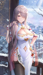 Rule 34 | 1girl, absurdres, bare shoulders, breasts, brightlight, brown hair, brown thighhighs, china dress, chinese clothes, cleavage, cleavage cutout, closed mouth, clothing cutout, dress, flower, hair flower, hair ornament, highres, honkai (series), honkai impact 3rd, large breasts, long hair, looking at viewer, mole, mole under eye, navel, navel cutout, purple eyes, rita rossweisse, rita rossweisse (artemis), sleeveless, sleeveless dress, smile, snowing, solo, thighhighs, white dress, white flower, winter