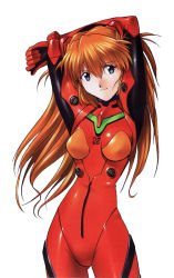 Rule 34 | 1girl, arms behind head, arms up, blue eyes, bodysuit, bracer, cleaned, clenched hand, cowboy shot, crossed arms, gloves, hair between eyes, hair ornament, latex, light smile, long hair, looking at viewer, narrow waist, neon genesis evangelion, official art, orange hair, pilot suit, plugsuit, sadamoto yoshiyuki, shiny clothes, simple background, smile, solo, souryuu asuka langley, turtleneck, two side up